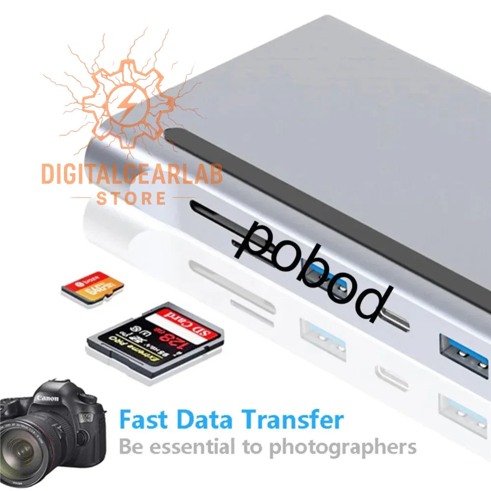 Silver usb hub with multiple ports and a sleek design, perfect for photographers.