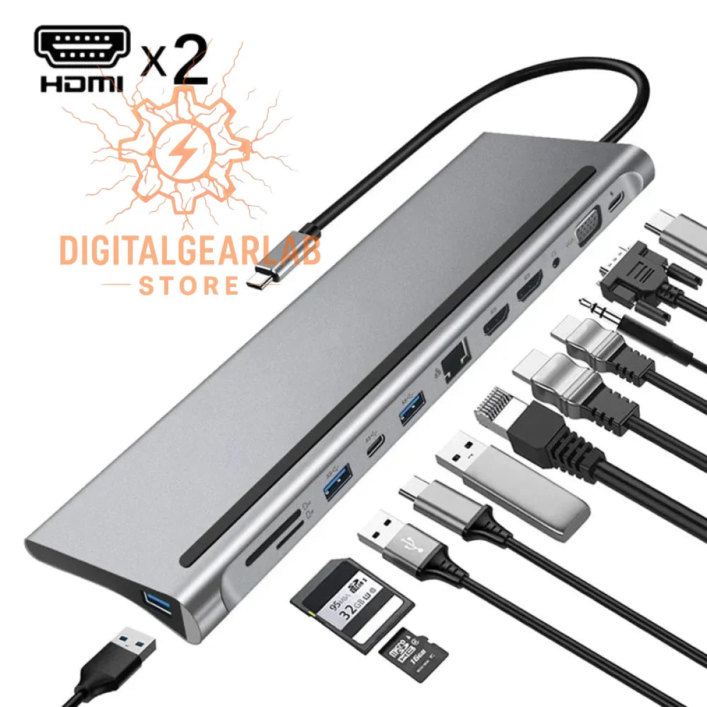 Silver multi-port usb-c hub with hdmi ports and sd card slots, designed for versatile connectivity.