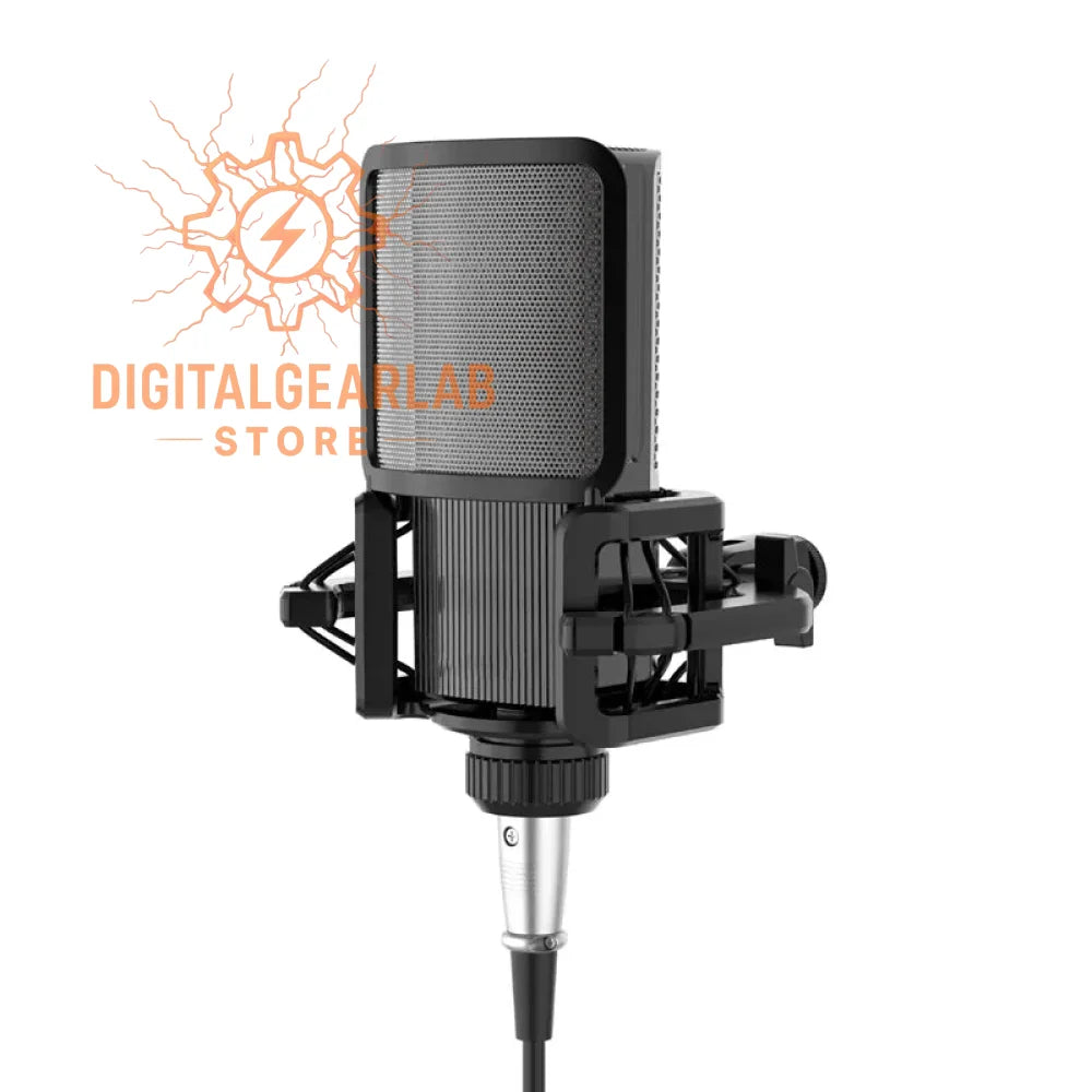Black and silver condenser microphone with shock mount