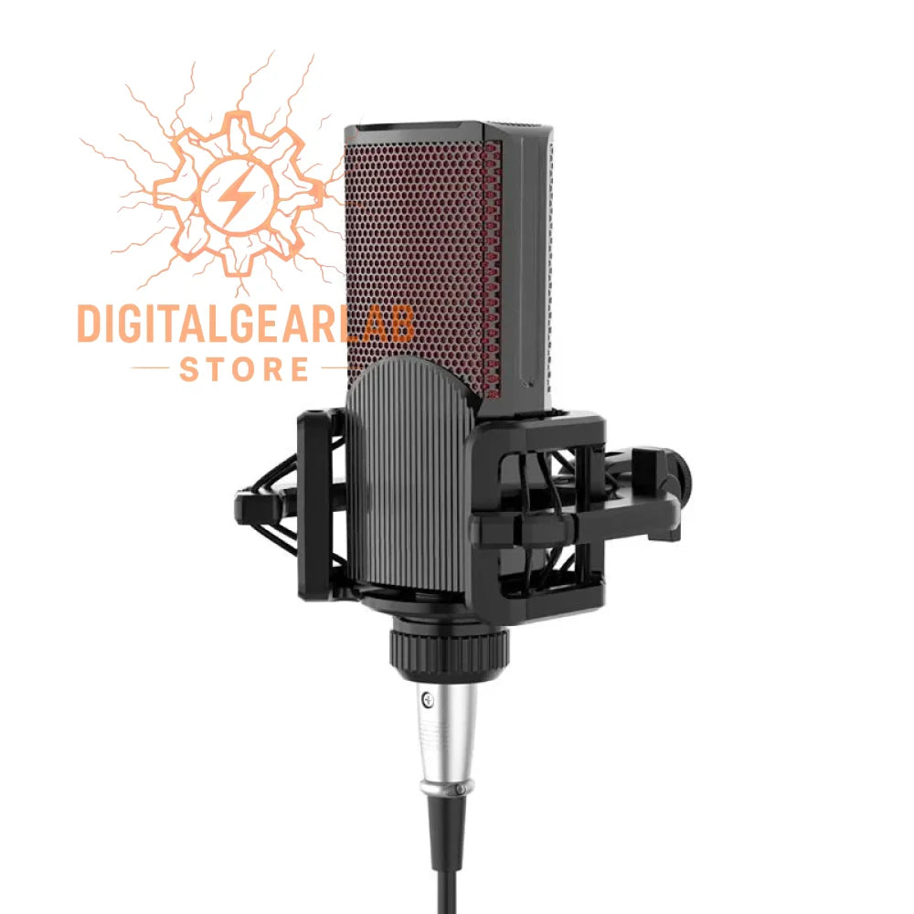 Black and red condenser microphone with shock mount