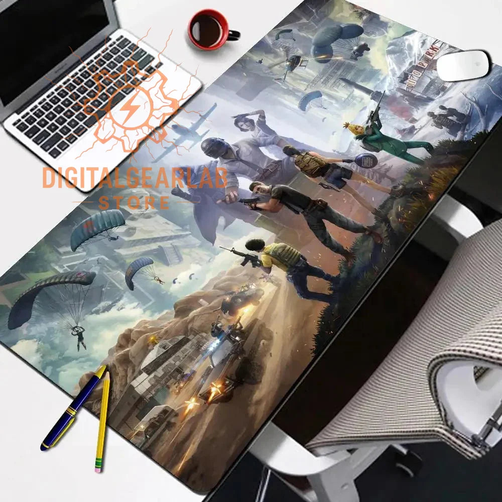 Gaming mouse pad with a detailed battle scene design featuring soldiers and parachutes, predominantly in muted earth tones.