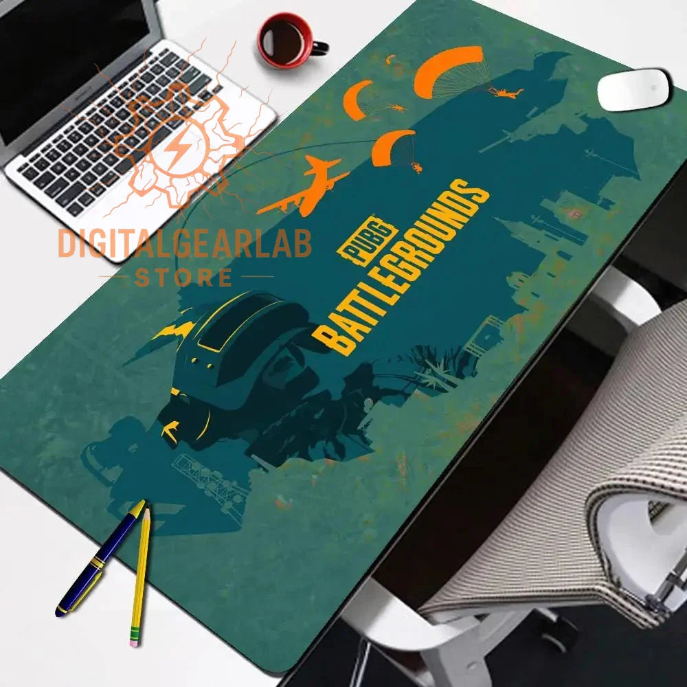 Pubg battlegrounds themed desk mat with a green and blue color scheme, featuring an image of a helmet.