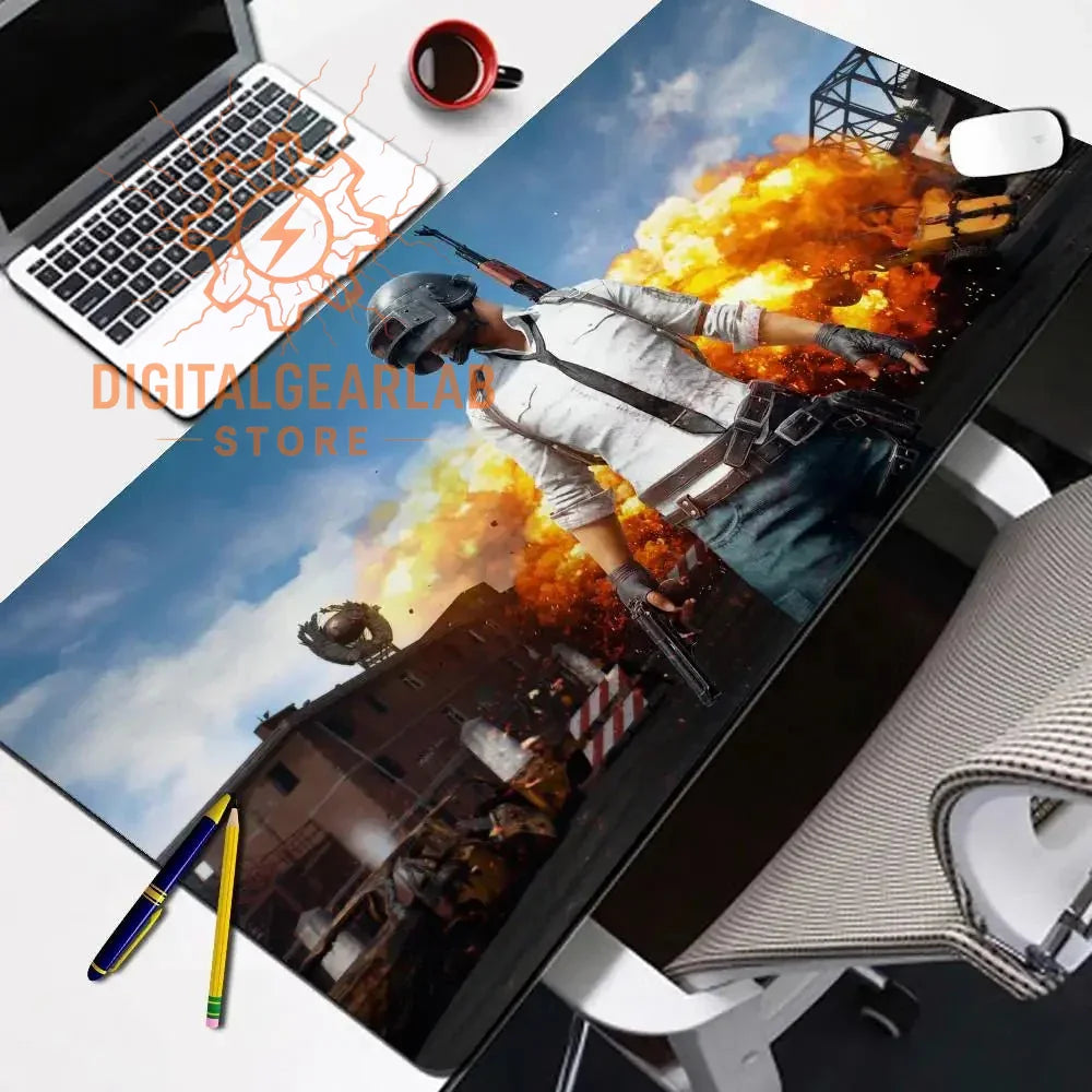 Gaming mouse pad with fiery explosion design, black background and vibrant orange flames.