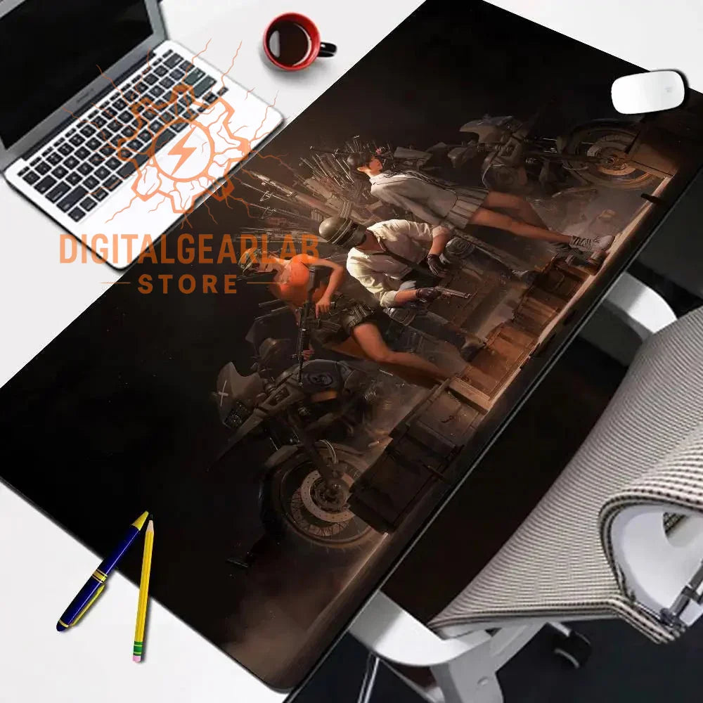 Gaming mouse pad with a detailed illustration of characters in action, featuring vibrant colors and intricate designs.