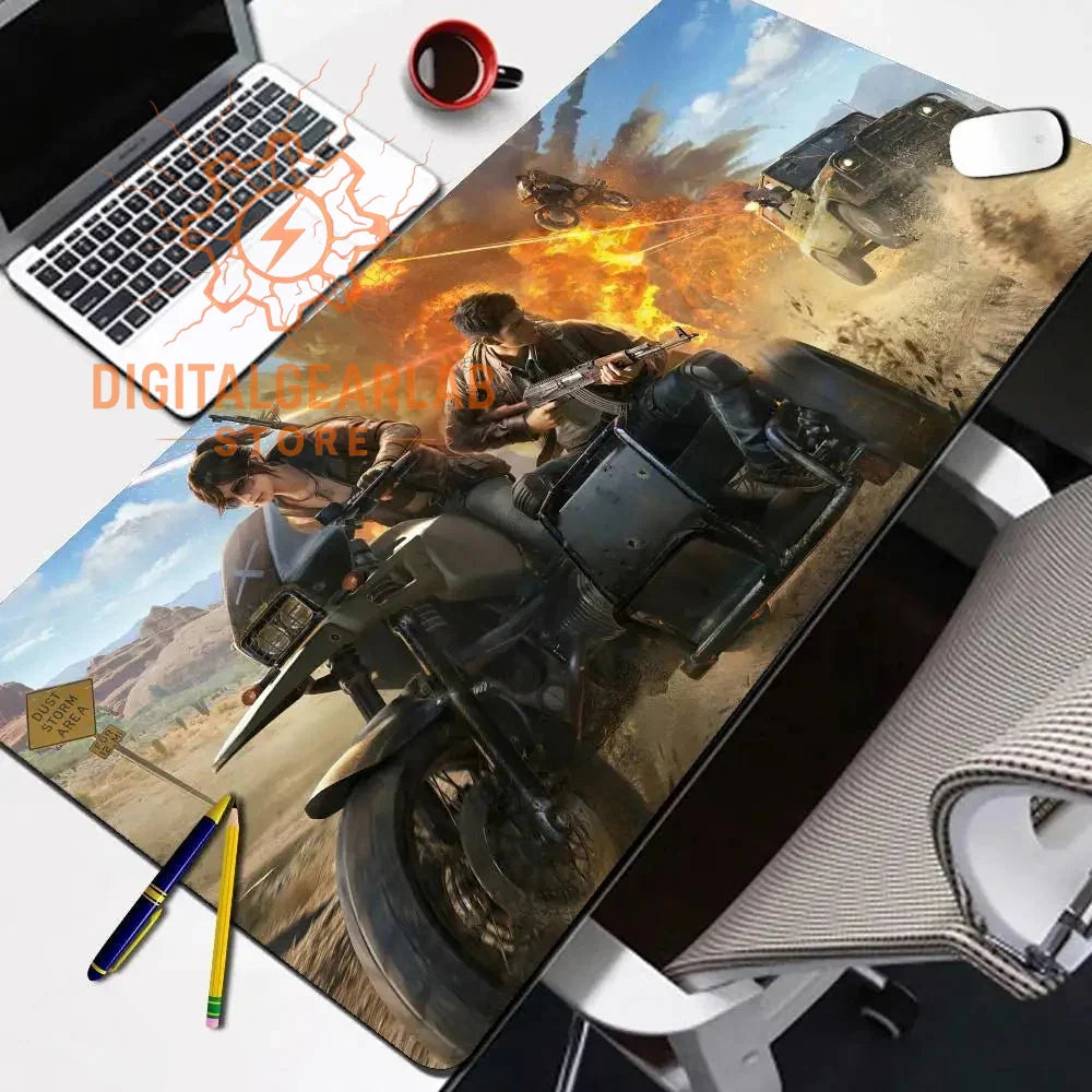 Gaming mouse pad with motorcycle design, black and brown colors, textured surface for grip.