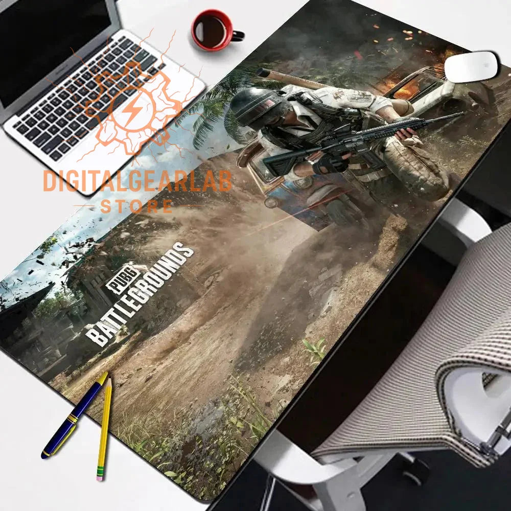 Pubg battlegrounds mousepad with a soldier design, black and gray colors, fabric material.
