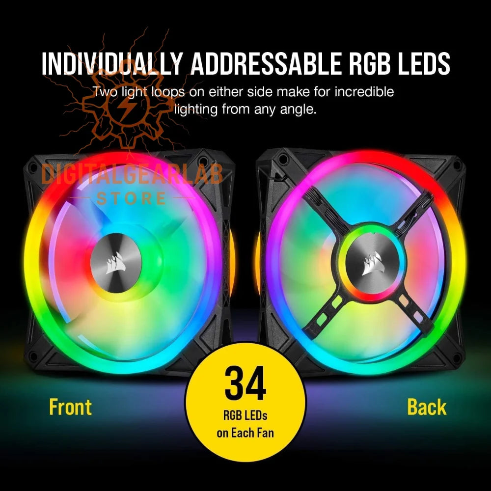 Two corsair rgb led computer fans, each featuring 34 individually addressable leds arranged in a vibrant rainbow loop around the black frame with a silver central hub.