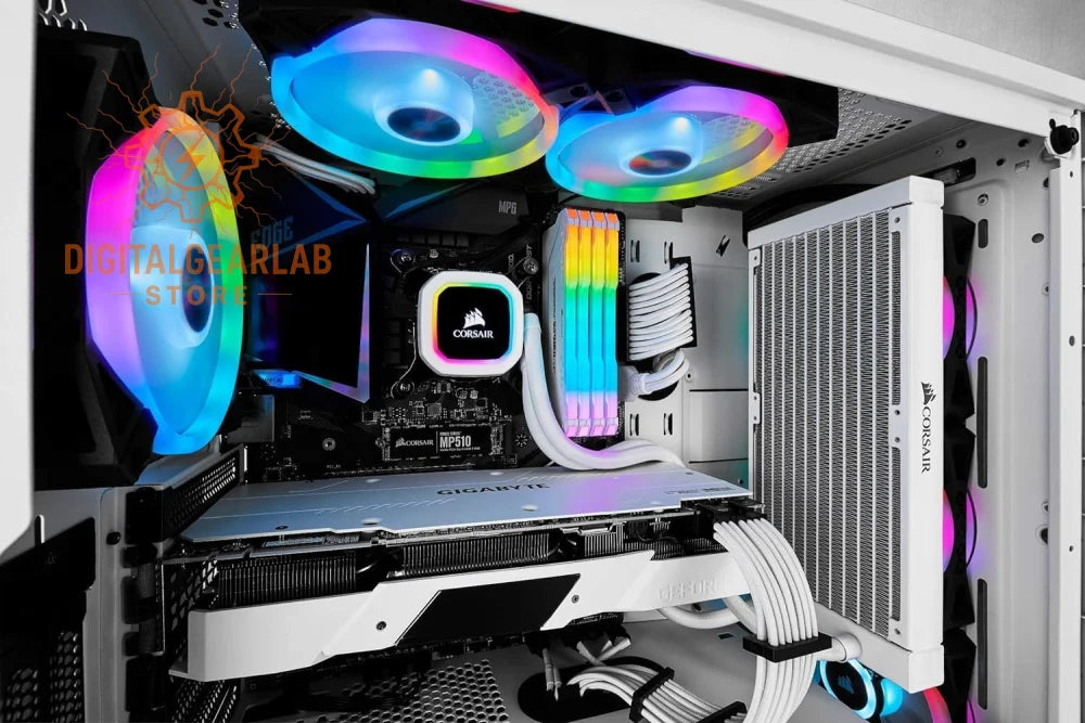White corsair cpu cooler with a circular rgb-lit logo on its black base.