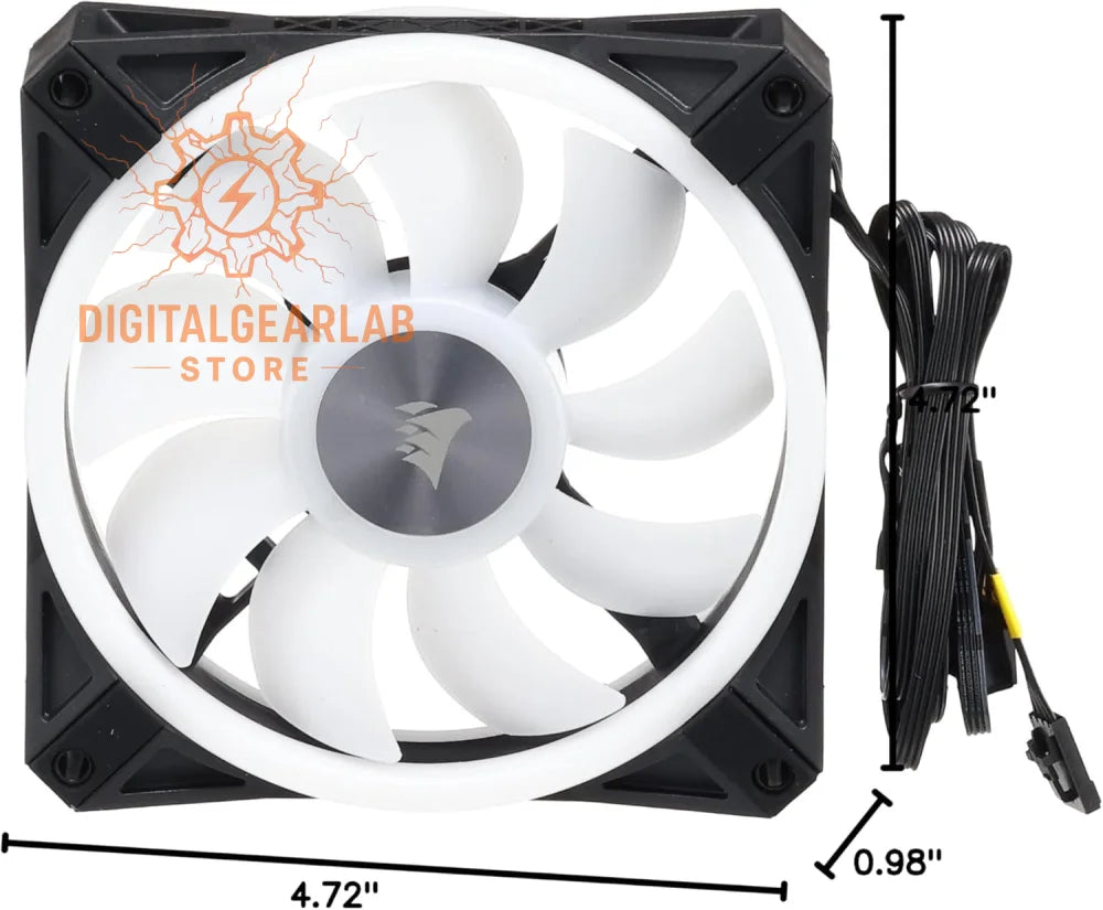 White and black corsair rgb fan with translucent blades and a central logo.