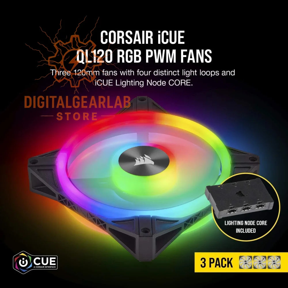Corsair icue ql120 rgb pwm fan with a black frame and vibrant rainbow lighting.