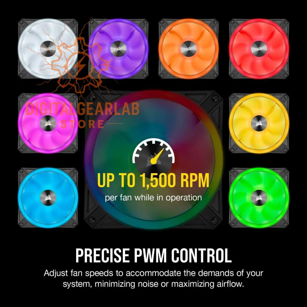 A set of eight colorful, square-framed computer case fans with a central logo and vibrant led lighting in white, purple, orange, red, pink, blue, yellow, and green.