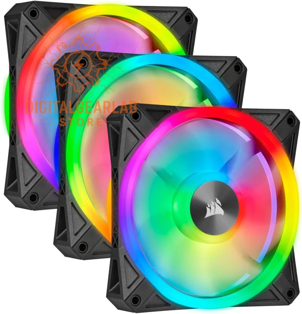 Three black corsair rgb fans with vibrant, multi-colored led lighting around the edges.
