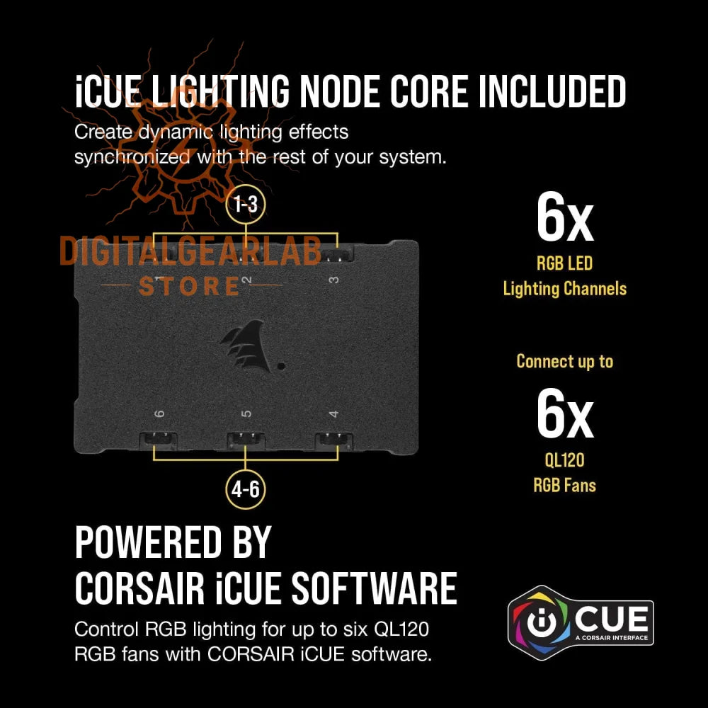 Black corsair icue lighting node core with six rgb led lighting channels and six ql120 rgb fan connections.