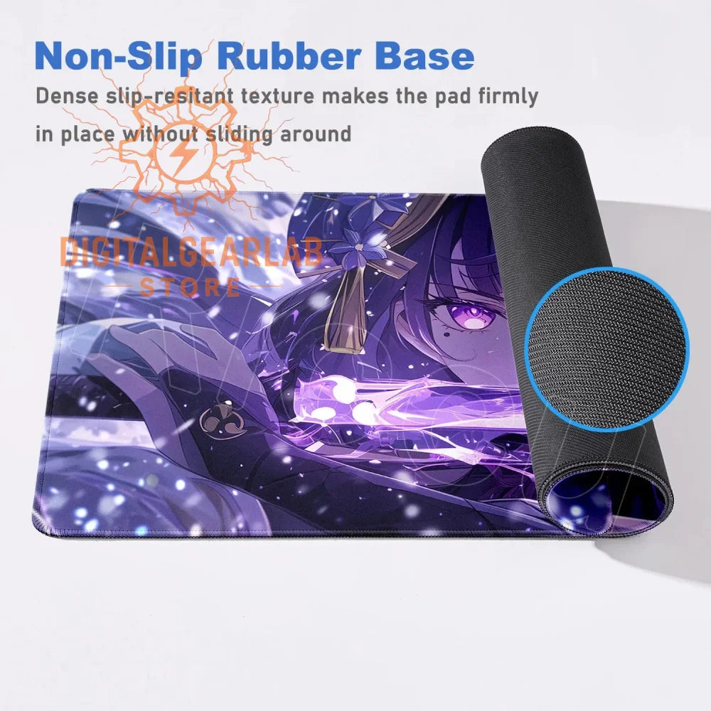 Purple anime mouse pad with non-slip rubber base and dense slip-resistant texture.