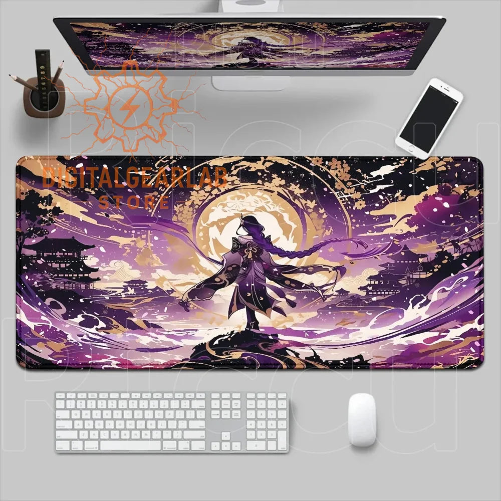 Purple and gold dragon-themed mouse pad with a warrior design, likely made of rubber or fabric.