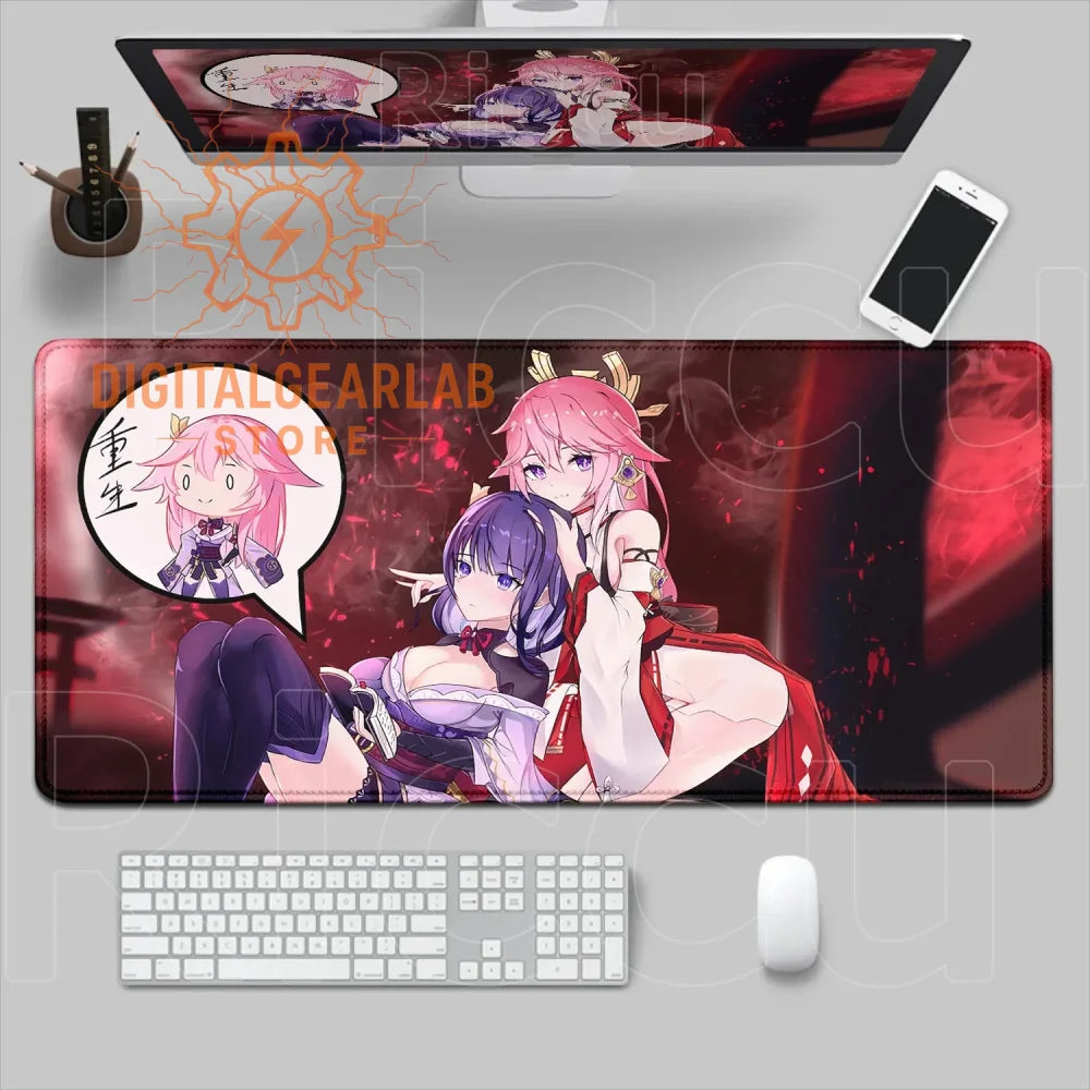 Red and black anime-themed mouse pad with characters from the game ’genshin impact’ on it.