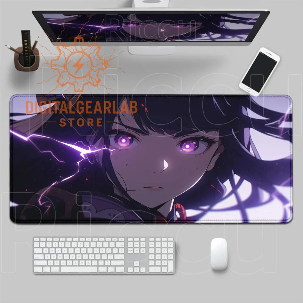 Large black and purple anime mousepad with lightning design, ricou brand.