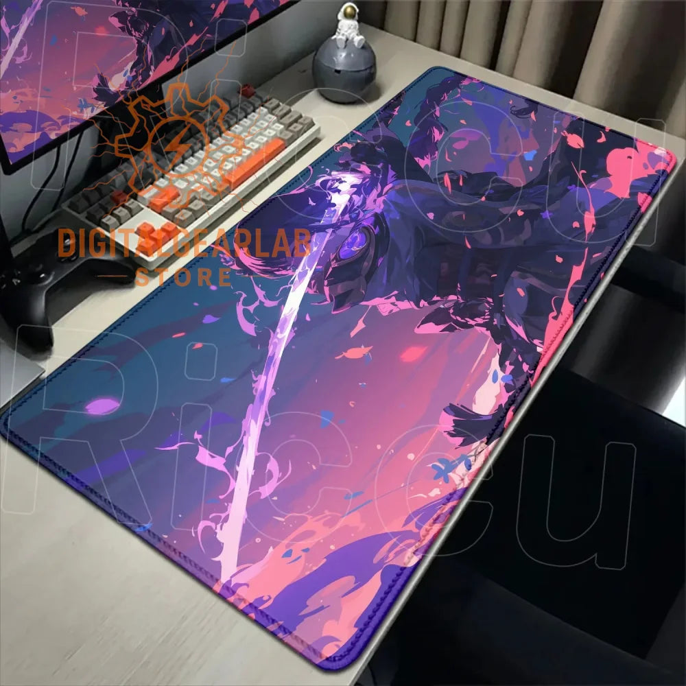 Purple and pink gaming mouse pad with a sword design, likely made of rubber or fabric.