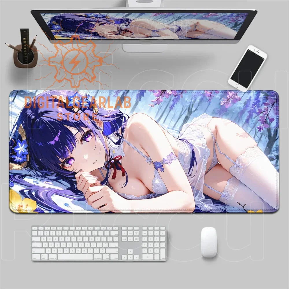 3d printed purple and white anime girl desk mat with floral accents.