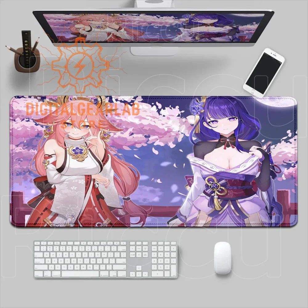Large anime-themed desk pad with vibrant characters and a cherry blossom background, featuring white keyboard and mouse.