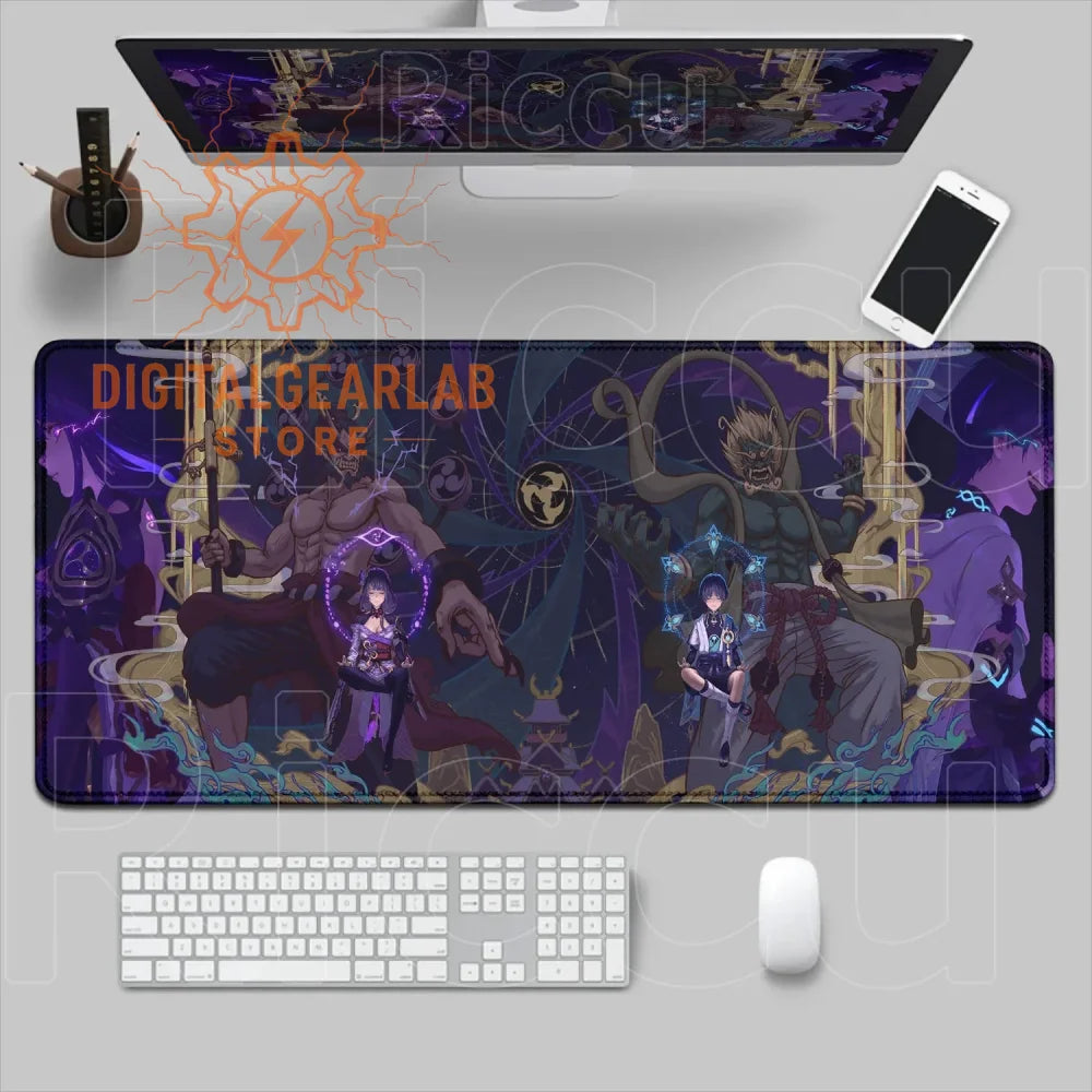 Black and purple gaming mouse pad with a detailed anime design featuring characters in dynamic poses, likely from the game ’overlord.’