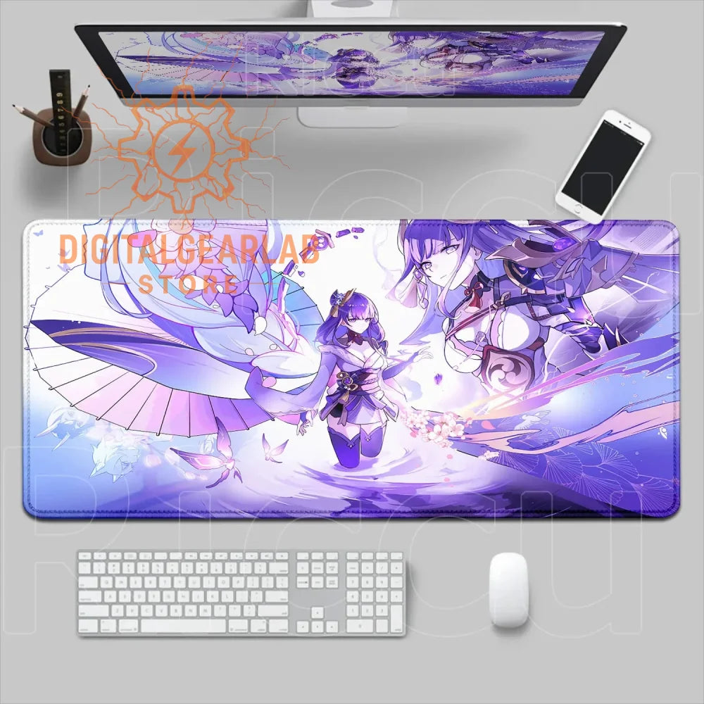 Purple and white anime-themed desk pad with a large, detailed character design featuring wings.