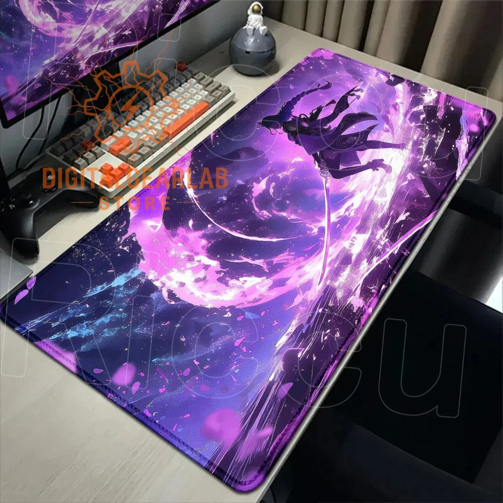 Purple galaxy-themed gaming mouse pad with a cosmic design featuring stars and planets, likely made of rubber or fabric.