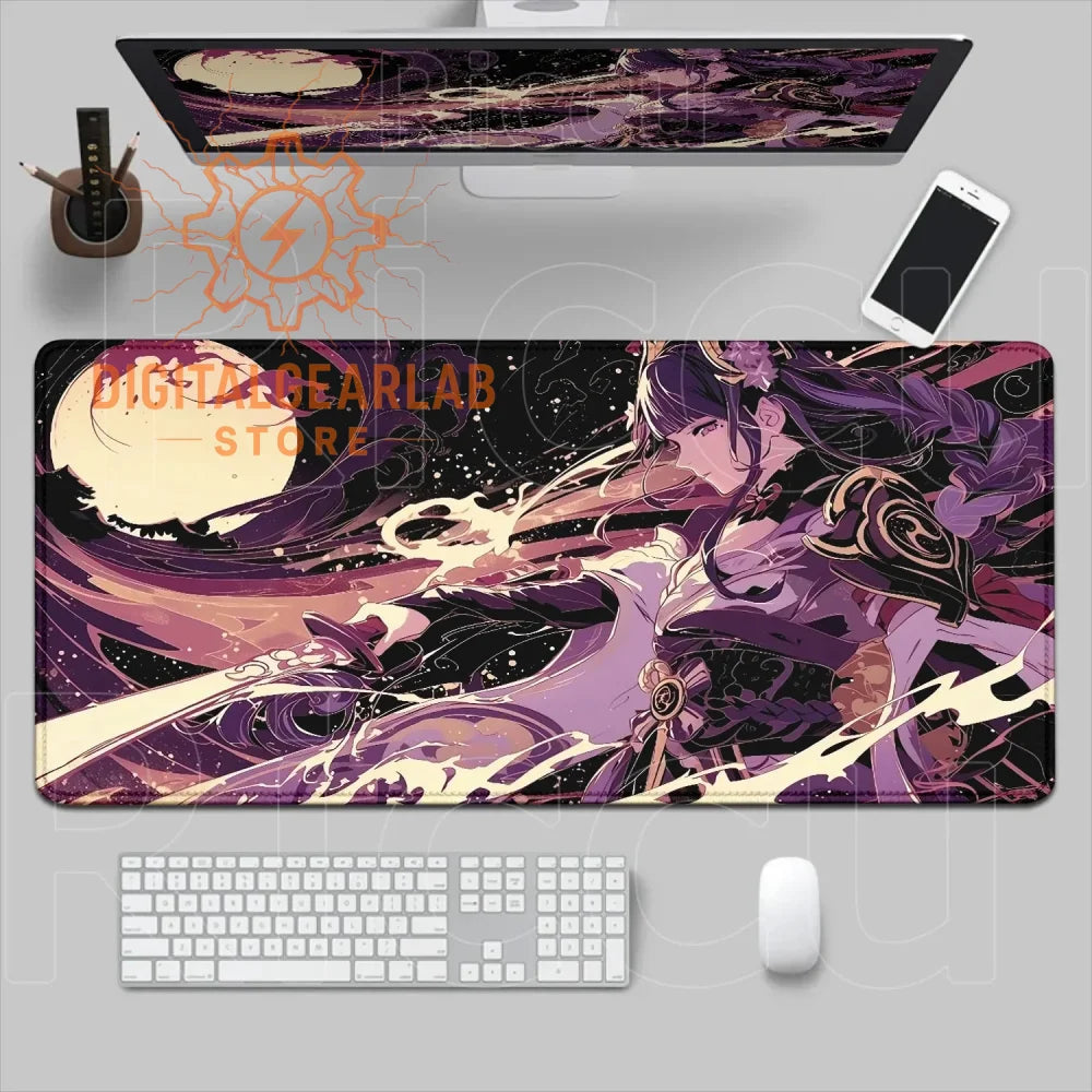 Purple and black anime character mouse pad with a detailed design featuring flowing hair and dynamic action.