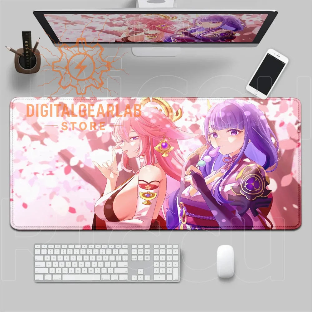24-inch wide gaming mouse pad with anime characters, pink and purple tones.
