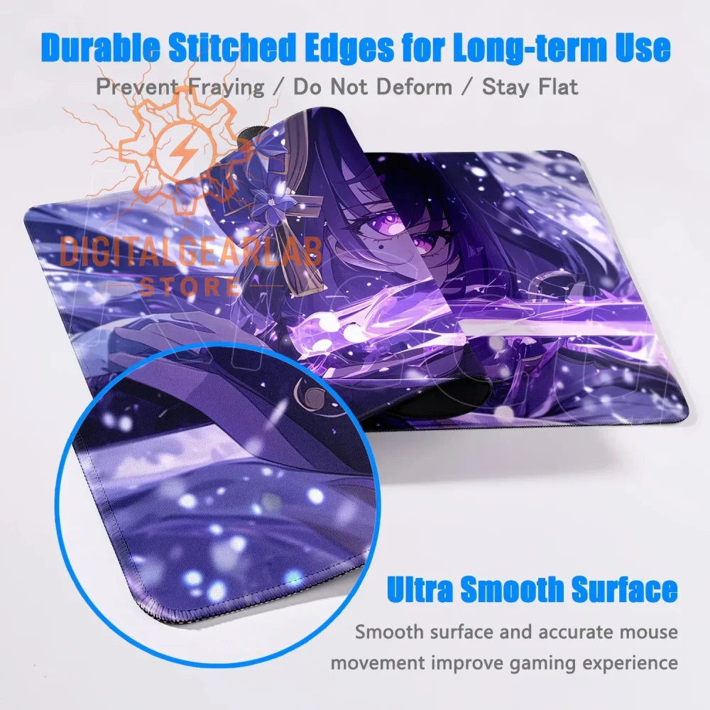 Ultra-smooth purple and blue gaming mouse pad with durable stitched edges, featuring an anime character design.
