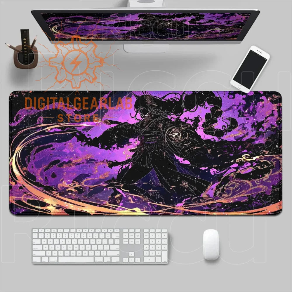 Black and purple gaming mouse pad with a fantasy character design, likely made of rubber or fabric.