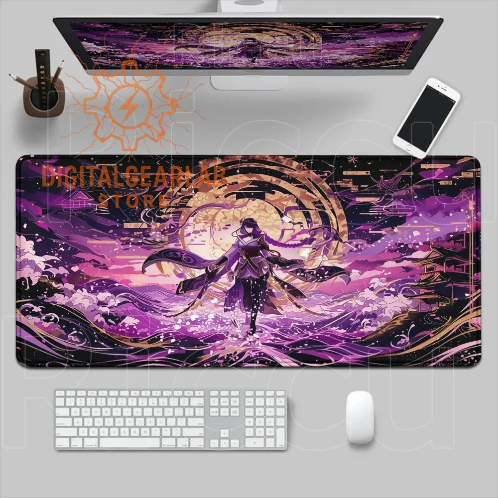 Purple and black anime character mouse pad with a circular design on it.