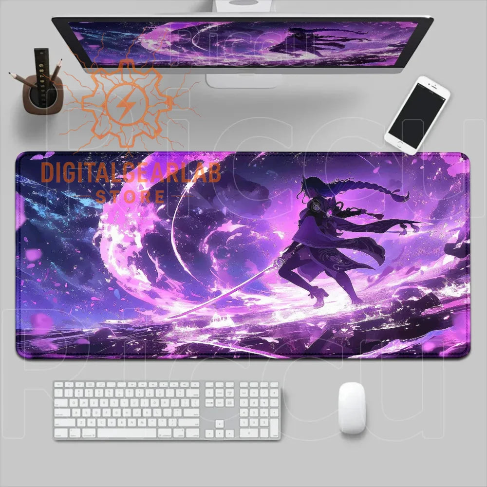 3d printed purple and black gaming mouse pad with a fantasy character design.