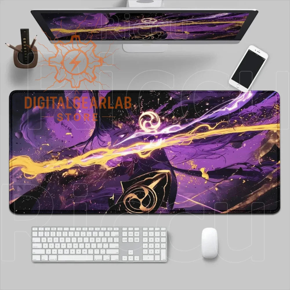 Purple and black anime-themed desk mat with a dragon design, featuring vibrant swirls of yellow energy.
