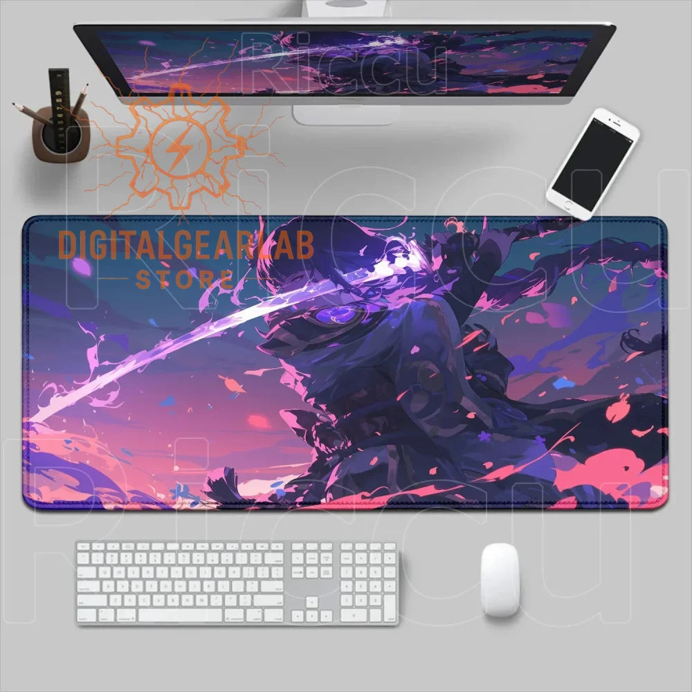Large purple and pink anime-themed mousepad with a warrior design, likely made of rubber or fabric.