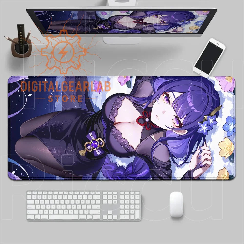 24-inch wide gaming mouse pad with anime characters design, featuring purple and white hues.