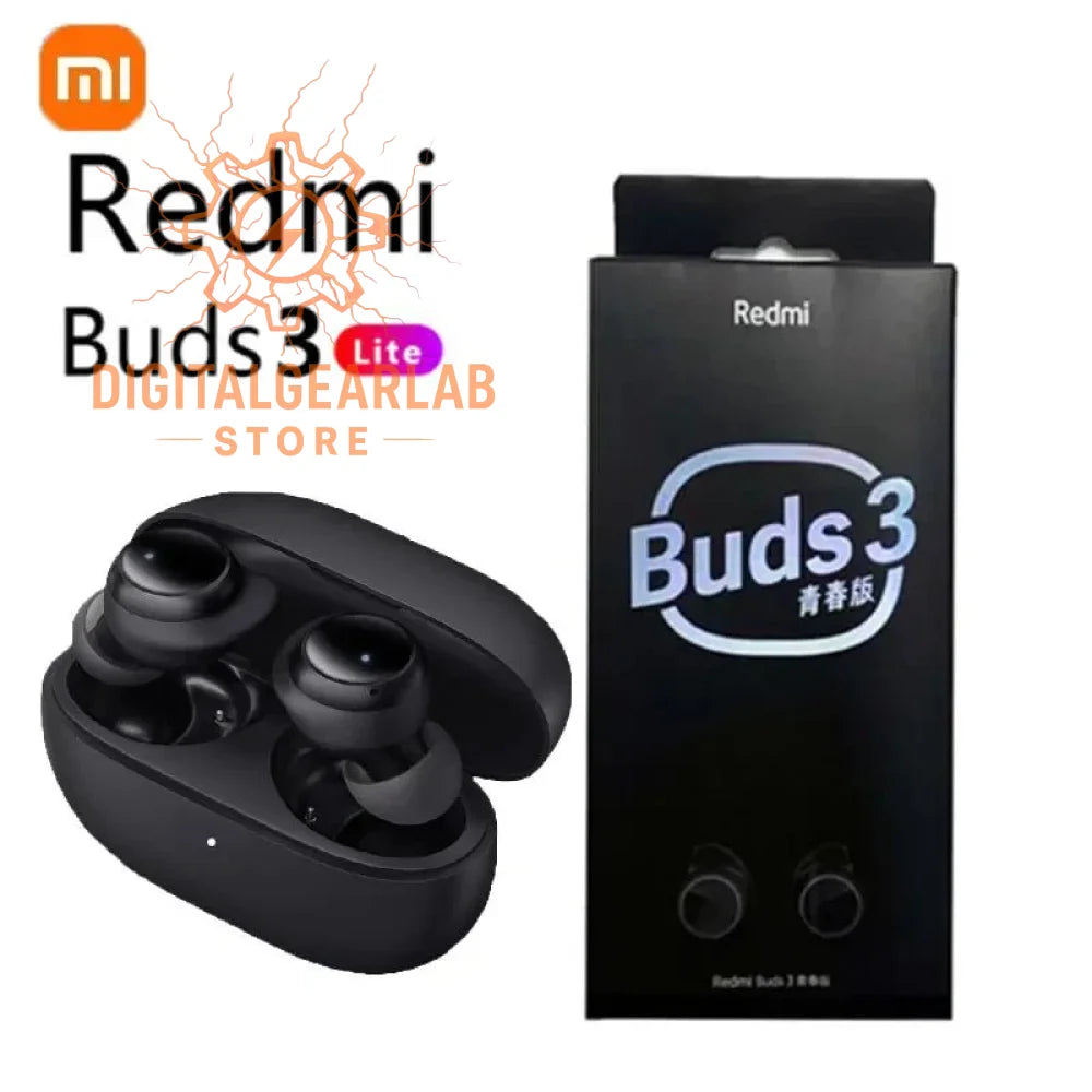 Black wireless earbuds with charging case, redmi buds 3 lite design