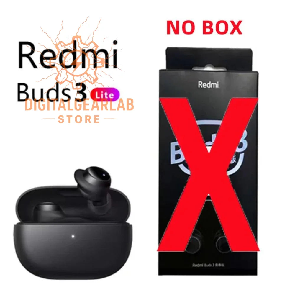 Black wireless earbuds with charging case, redmi buds 3 lite design