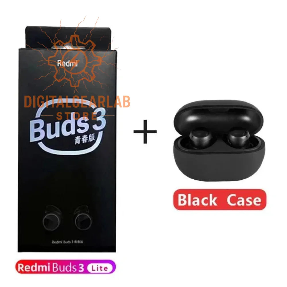 Black wireless earbuds with charging case, redmi buds 3 lite design