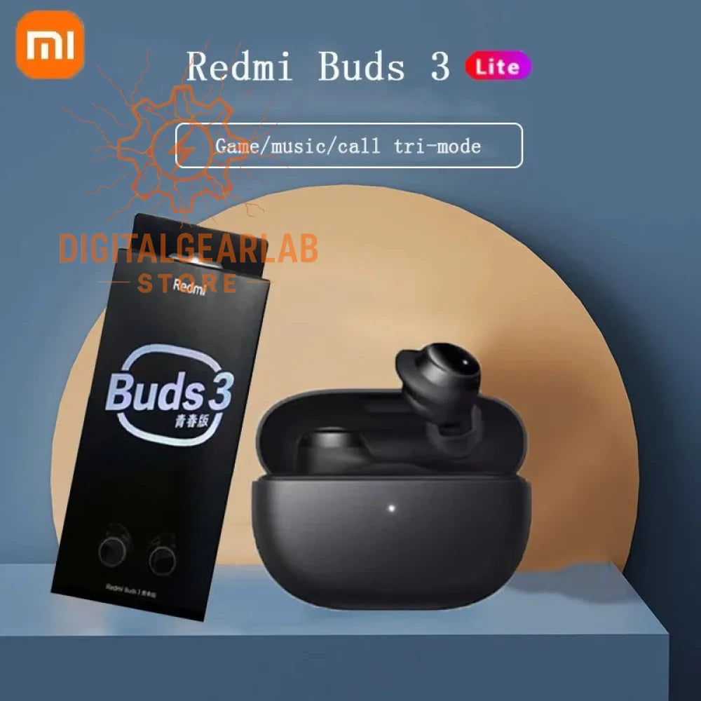 Black xiaomi redmi buds 3 lite earbuds with charging case, featuring a sleek design and tri-mode functionality.