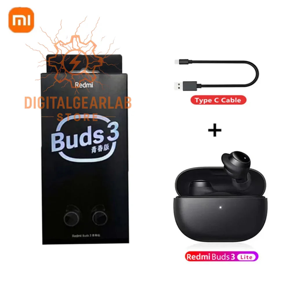 Black wireless earbuds with charging case and type c cable, redmi buds 3 lite