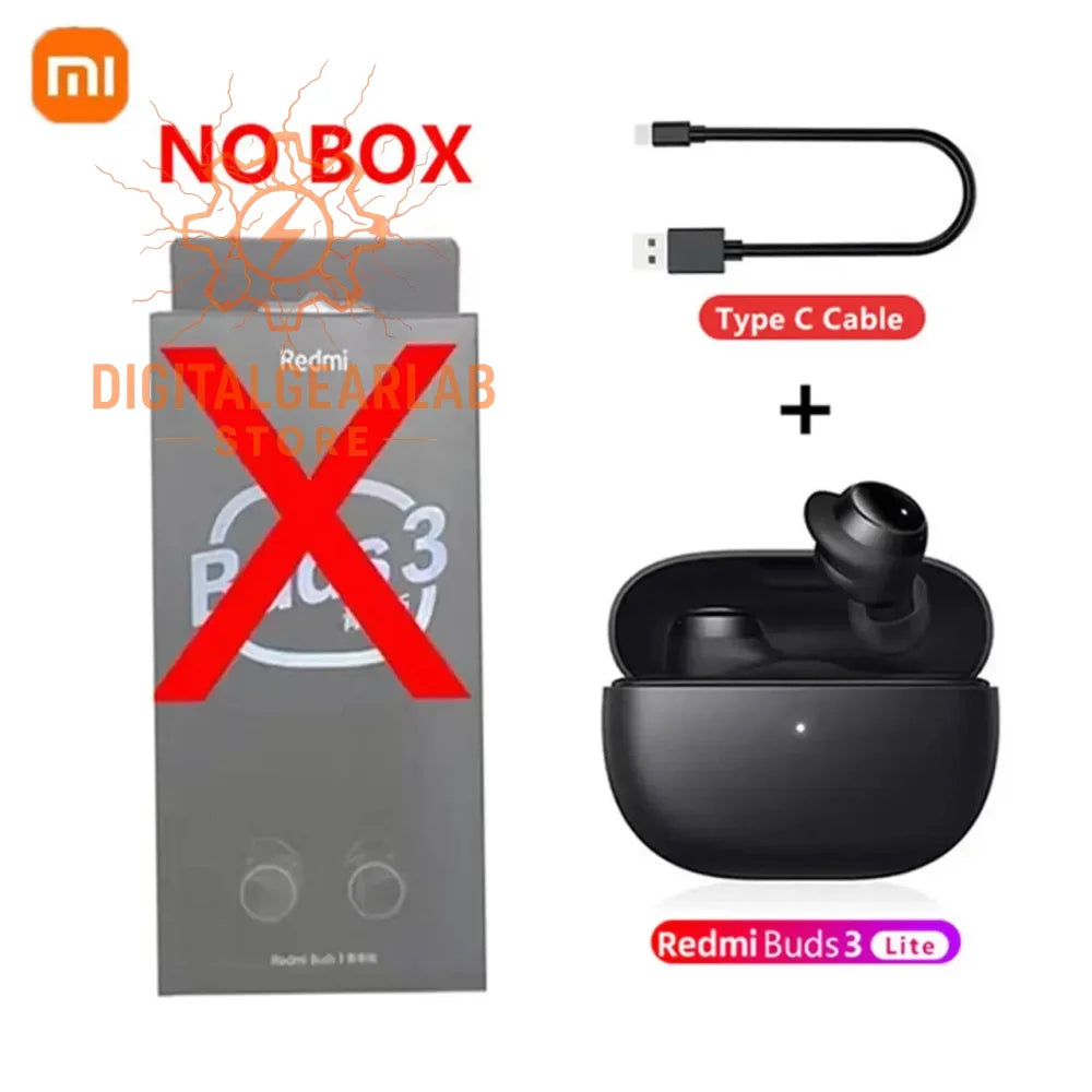 Black wireless earbuds with charging case, usb-c cable included, redmi brand.