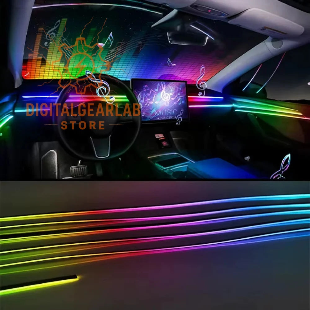 Rainbow-colored led strip lights designed for car interiors, featuring vibrant multi-color illumination and musical note motifs.