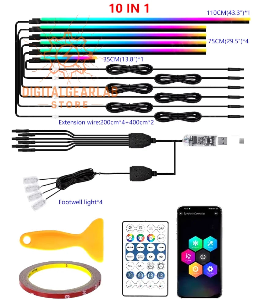 This 10-in-1 led lighting kit includes multiple colored strips, a remote control, and accessories for customizable ambient illumination.