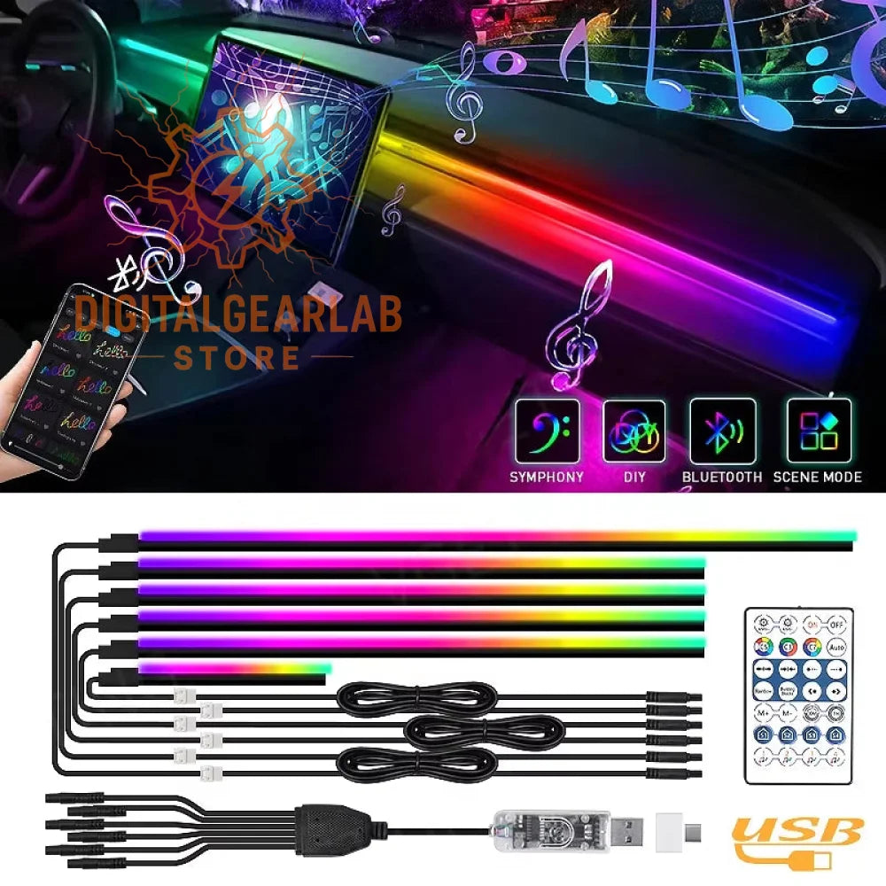 Rainbow-colored led light strips for car interiors, featuring a usb-powered controller and remote with bluetooth connectivity.