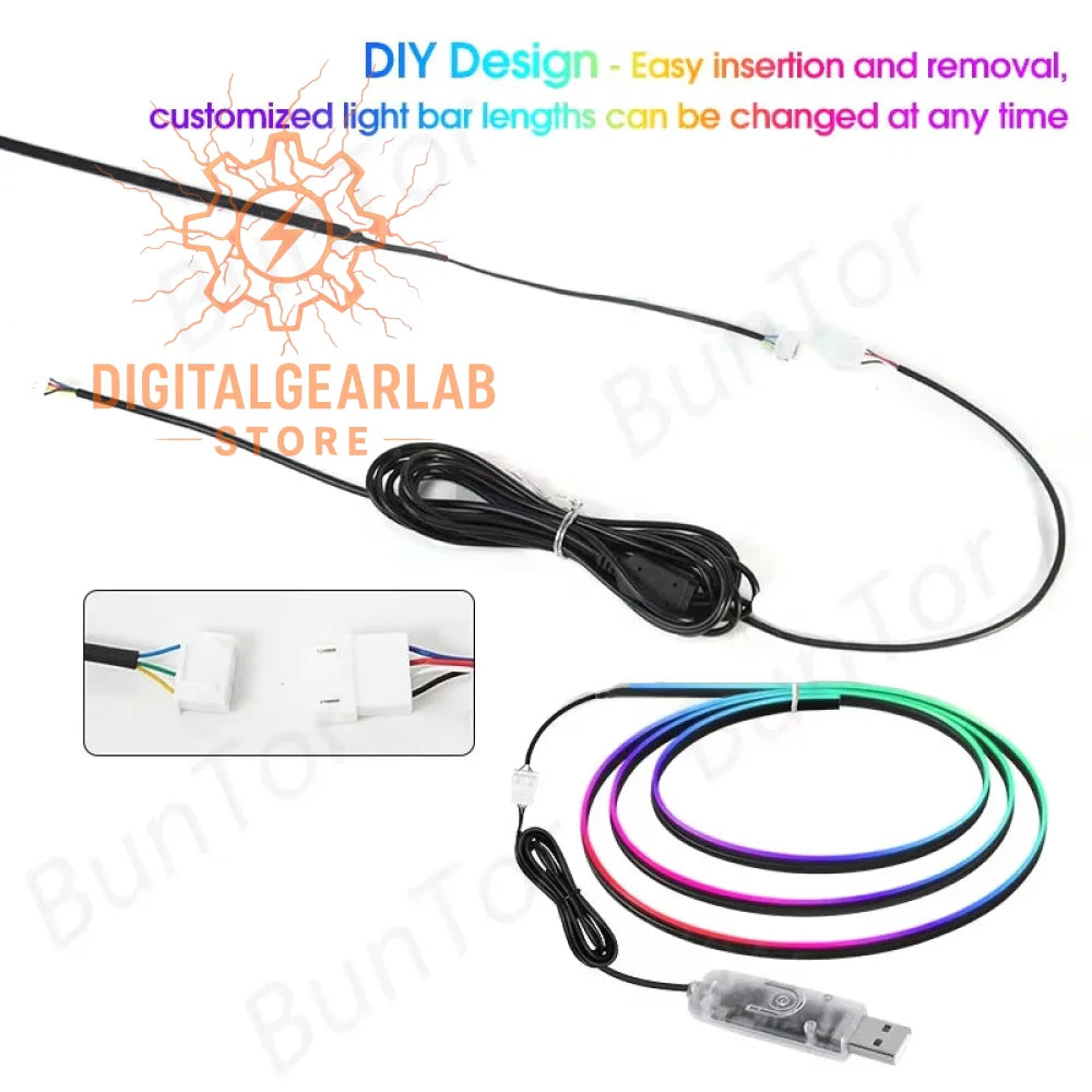 Rgb led light bar with customizable color and length, featuring a usb connector for easy setup.