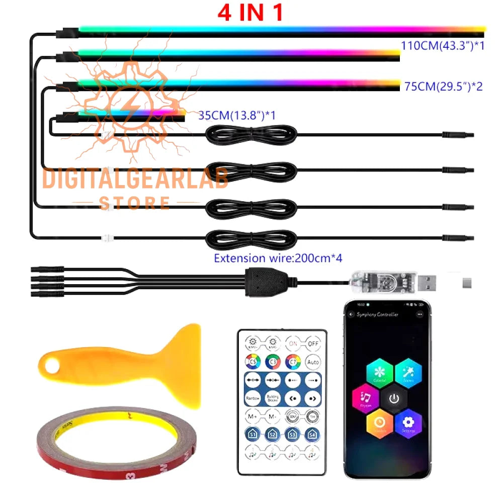 Set of four led light strips in 110cm, 75cm, and two 35cm lengths with black wiring, a remote control, smartphone app interface for color customization, adhesive tape, and installation tool.