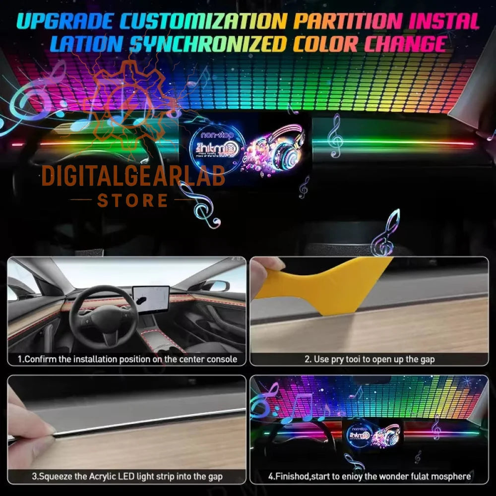 Color-changing led light strip designed for car interiors, featuring a sleek acrylic material and vibrant rainbow illumination synced to music.