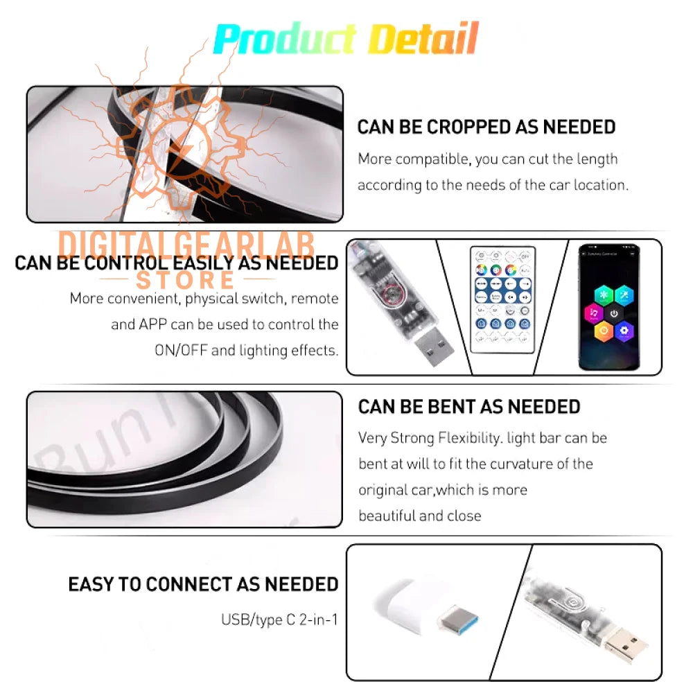 Flexible black led light bar strip designed for car interiors, featuring customizable lighting effects via remote or smartphone app.