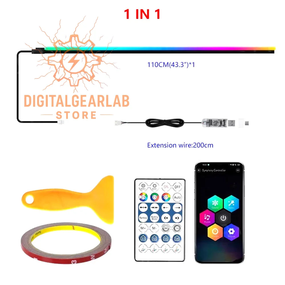 110cm rgb led strip light with remote control and smartphone app interface.